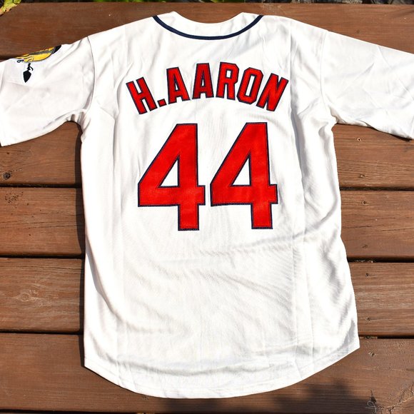 New! Hank Aaron Atlanta Milwaukee Braves Cream Baseball Jersey Adult Men's Large - Picture 1 of 2